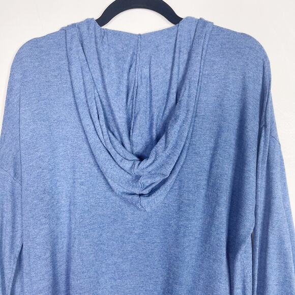 Joan Vass Womens Medium M Blue Lightweight Hooded Sweater Tie Sleeve Cuffs - Picture 9 of 10